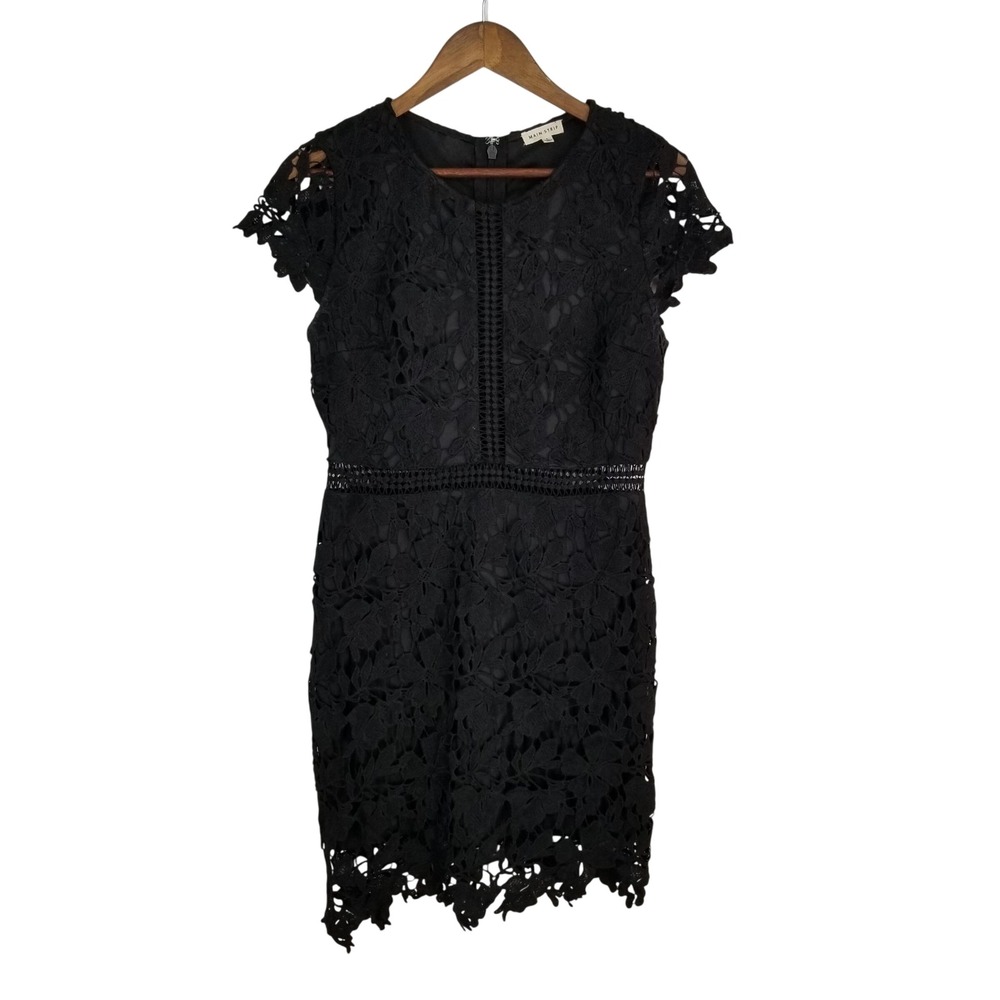 Main Strip‎ Womens Black Floral Lace Cap Sleeve Sheath Dress L Gothic Coquette